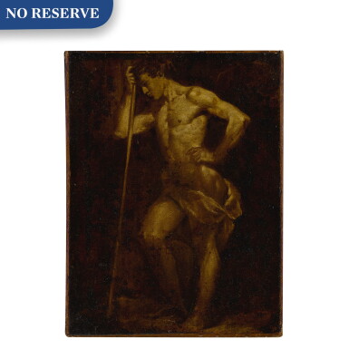 View full screen - View 1 of Lot 505. Nude academic sketch of a man holding a staff, en brunaille.