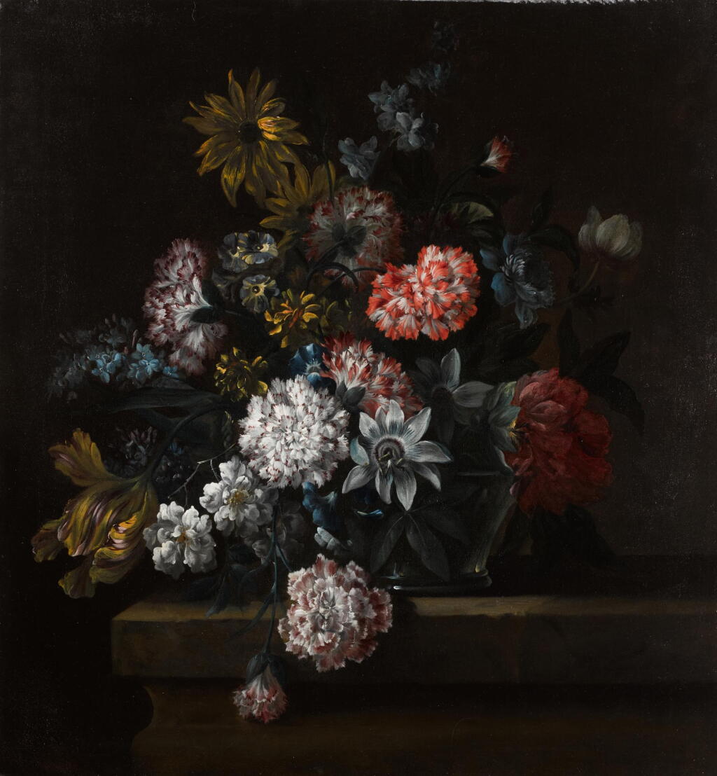 View full screen - View 1 of Lot 45. CIRCLE OF JEAN-BAPTISTE MONNOYER | A still life of carnations, morning glory, a tulip and other flowers in a glass vase resting on a ledge.