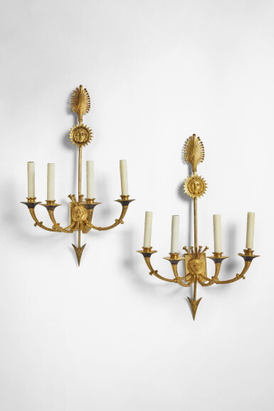 View full screen - View 1 of Lot 394. A Pair of Empire Gilt Bronze Four-Branch Wall Lights Attributed to Claude Galle, 1810.