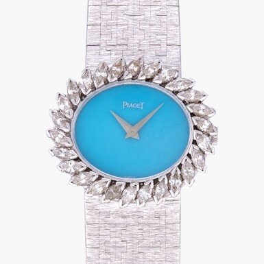 View full screen - View 1 of Lot 244. Reference 9329 A66 | A white gold and diamond-set bracelet watch with turquoise dial | Circa 1971.