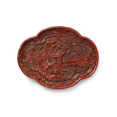 View full screen - View 1 of Lot 3660. A rare carved cinnabar lacquer oval lobed dish, Yuan dynasty | 元 剔紅羲之觀鵝圖海棠式盤.