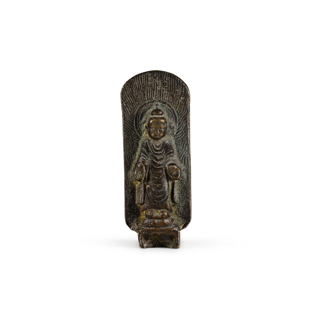 View full screen - View 1 of Lot 73. A small inscribed Buddhist bronze votive stele Korea or China | 韓國或中國 銅佛坐像.