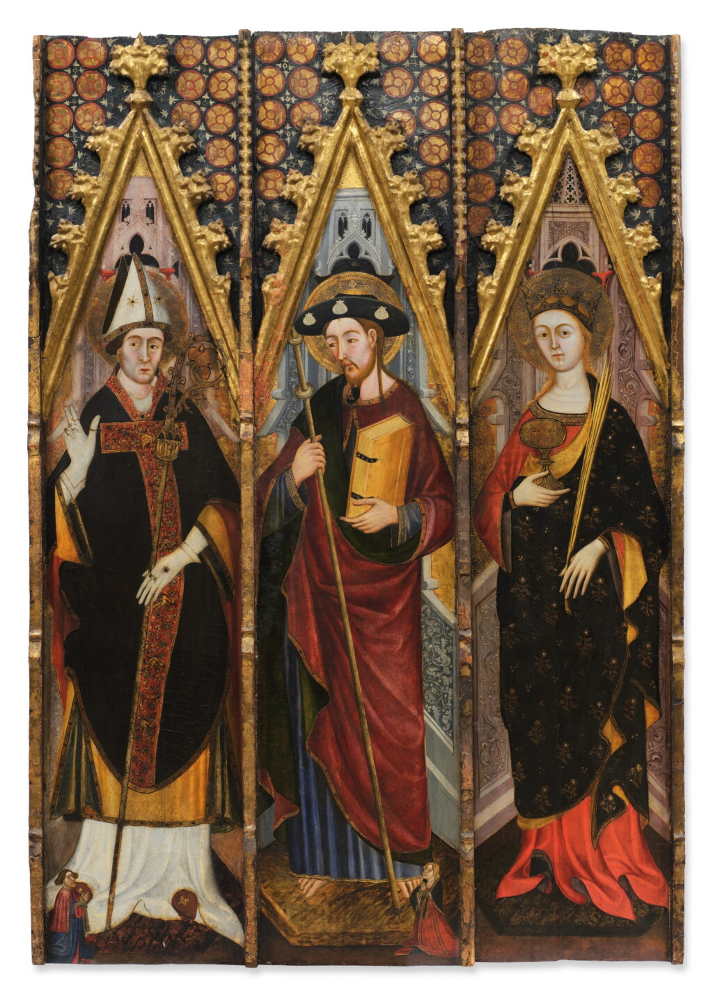 View full screen - View 1 of Lot 3. Bishop Saint, Saint James, and Saint Lucy With Donor Figures.