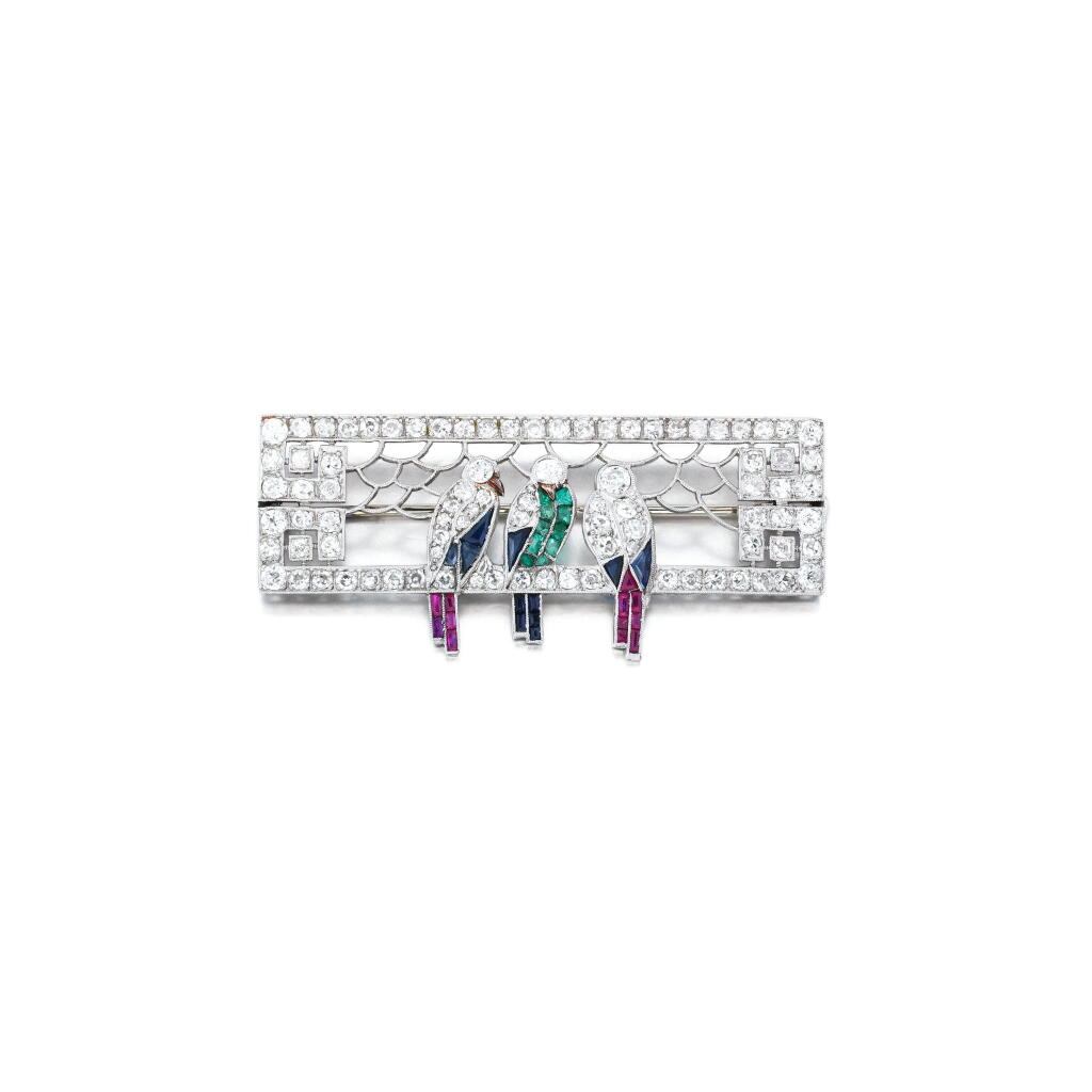 View full screen - View 1 of Lot 31. Ruby, sapphire, emerald and diamond brooch.
