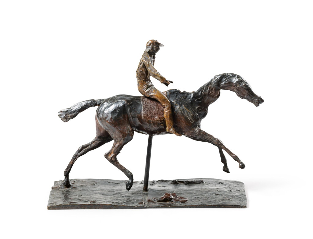 View full screen - View 1 of Lot 226. Cheval au galop sur le pied droit, le pied gauche arrière seul touchant terre ; jockey monté sur le cheval.