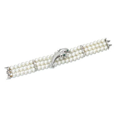 View full screen - View 1 of Lot 181. CULTURED PEARL, EMERALD AND DIAMOND BRACELET, CARTIER.