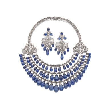 View full screen - View 1 of Lot 588. Sapphire and diamond demi-parure | 藍寶石及鑽石首飾套裝.