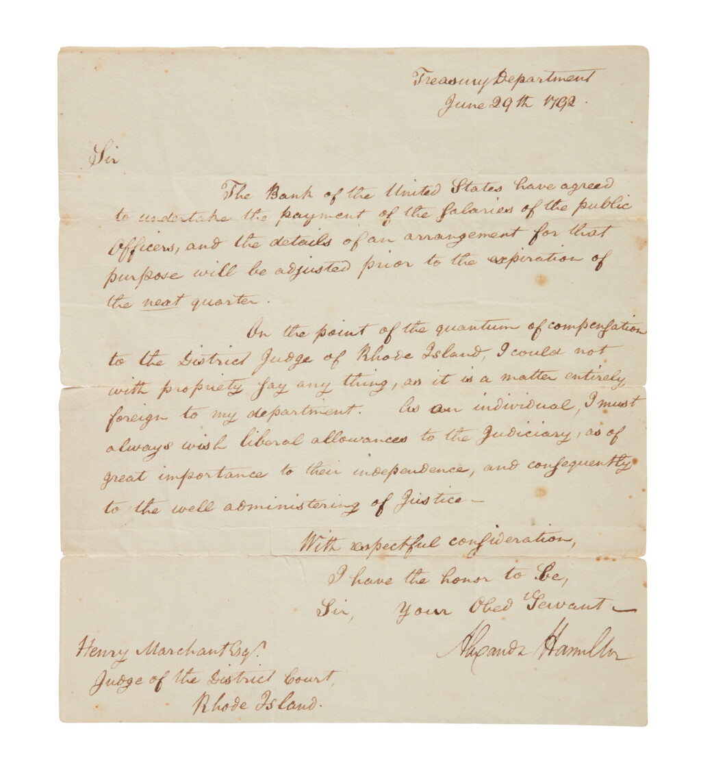 View full screen - View 1 of Lot 29. Hamilton, Alexander | Treasury Secretary Hamilton wishes "liberal allowances to the Judiciary".