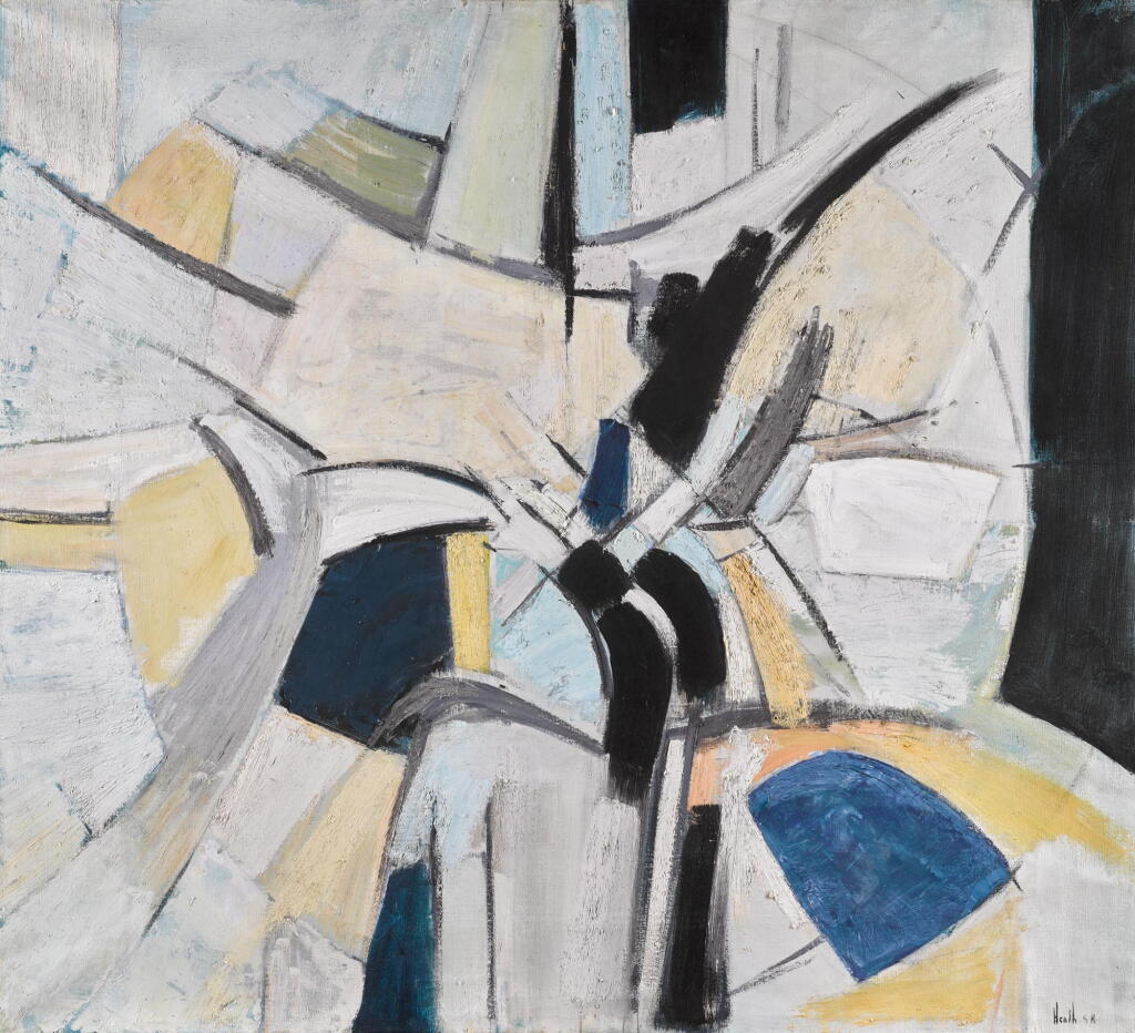 View full screen - View 1 of Lot 224. ADRIAN HEATH | COMPOSITION - BLACK & OCHRE WITH BLUE.