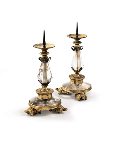 View full screen - View 1 of Lot 104. A PAIR OF ROCK CRYSTAL AND GILT-BRONZE CANDLESTICKS, PROBABLY LATE 17TH CENTURY | PAIRE DE PIQUE-CIERGES EN CRISTAL DE ROCHE ET BRONZE DORÉ PROBABLEMENT DE LA FIN DU XVIIE SIÈCLE.
