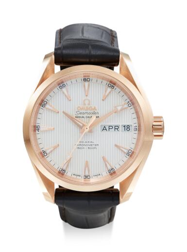 View full screen - View 1 of Lot 8036. OMEGA | SEAMASTER AQUA TERRA 150M, REFERENCE 231.53.39.22.02.001, A PINK GOLD ANNUAL CALENDAR WRISTWATCH, CIRCA 2017.