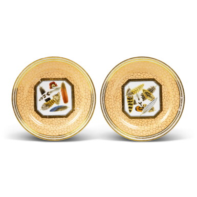 View full screen - View 1 of Lot 383. A Pair of Chamberlain Worcester Salmon Pink-Ground Cabinet Plates, Circa 1815.