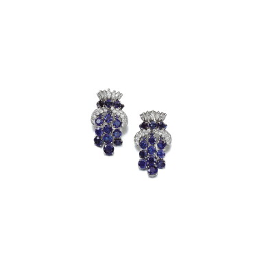 View full screen - View 1 of Lot 25. PAIR OF SAPPHIRE AND DIAMOND EAR CLIPS.