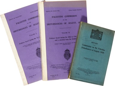 View full screen - View 1 of Lot 65. Palestine Commission | Reports relating to the Palestine Disturbances of 1929. London: HMSO, 1930, together 3 volumes.