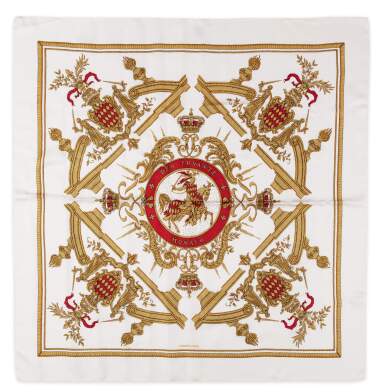 View full screen - View 1 of Lot 64. Ivory White, Red and Gold Silk Print Deo Juvante Monaco Scarf, Cir 2011.
