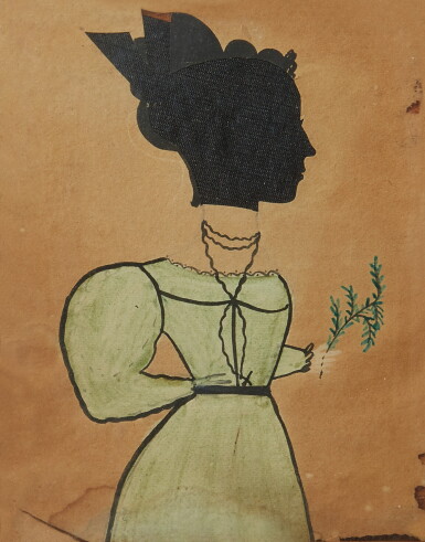 View full screen - View 1 of Lot 182. Silhouette Portrait of a Young Girl Wearing a Tortoise-Shell Comb, White Ruffled Collar and Black Dress and Green Belt.