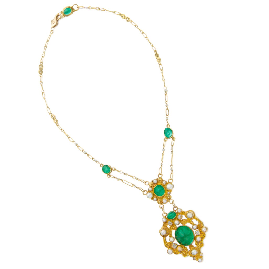 View full screen - View 1 of Lot 101. Gold, Emerald, Pearl and Diamond Necklace.