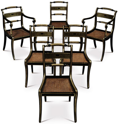 View full screen - View 1 of Lot 698. A SET OF SIX REGENCY BLACK PAINTED AND PARCEL GILT DINING CHAIRS, CIRCA 1815.