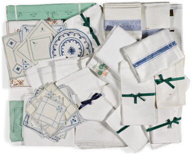 View full screen - View 1 of Lot 36. A collection of domestic linen, including Glengall family, damask table cloth and napkins, and other domestic table, hand and kitchen cloths, plate and glass mats, Ireland, 19th-20th century.