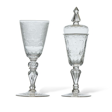 View full screen - View 1 of Lot 16. Two Continental Engraved and Cut-Glass Goblets and a Cover, First Half 18th Century, | Zwei mitteleuropäische gravierte und geschliffene Glaspokale und ein Deckel, erste Hälfte des 18. Jahrhunderts.