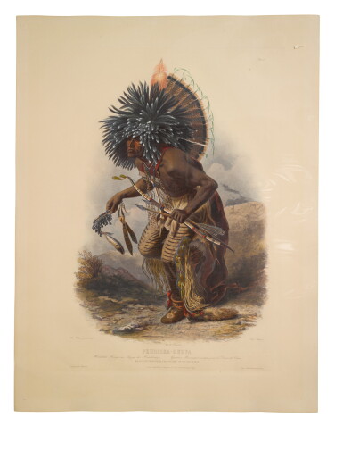 View full screen - View 1 of Lot 1726. KARL BODMER | PÉHRISKA-RÚHPA. MOENNITARRI WARRIOR IN THE COSTUME OF THE DOG DANSE (TAB. 23).