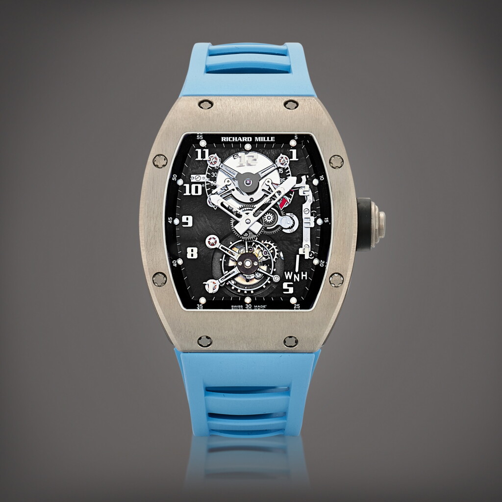 View full screen - View 1 of Lot 2308. Reference RM002 | A titanium semi-skeletonised tourbillon wristwatch with power reserve and torque indication, Circa 2010 | Richard Mille | 型號RM002 | 鈦金屬半鏤空陀飛輪腕錶,備動力儲備及力矩顯示,約2010年製.