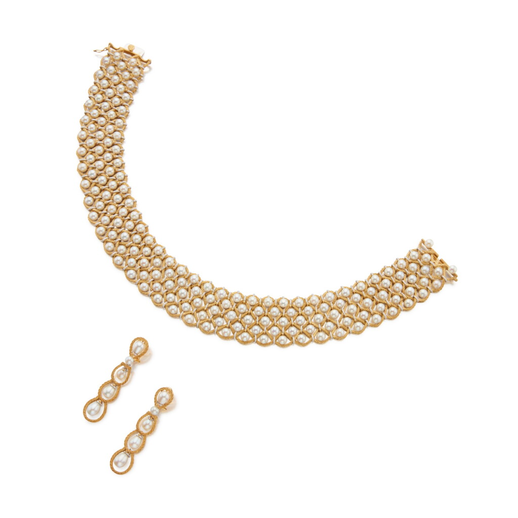View full screen - View 1 of Lot 29. Gold and Cultured Pearl Choker-Necklace and Pair of Earclips.