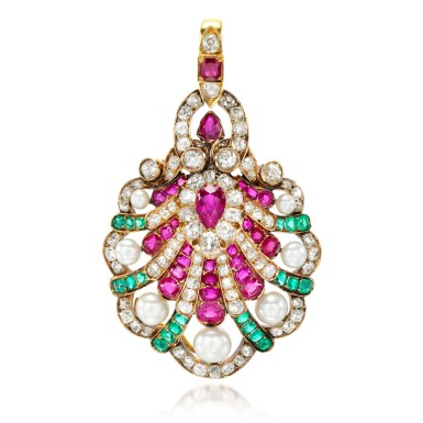 View full screen - View 1 of Lot 7. Gem set, diamond and natural pearl pendant, late 19th century.