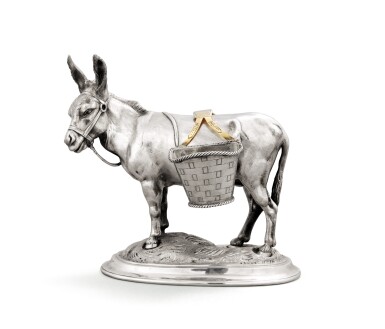 View full screen - View 1 of Lot 32. A German parcel-gilt silver novelty condiment modelled as a donkey, Johann H.P. Schott Söhne, Frankfurt am Main, circa 1860,.