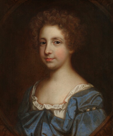 View full screen - View 1 of Lot 349. Portrait of a young lady, possibly Mrs. Penruddock, wearing a blue dress in a painted oval.