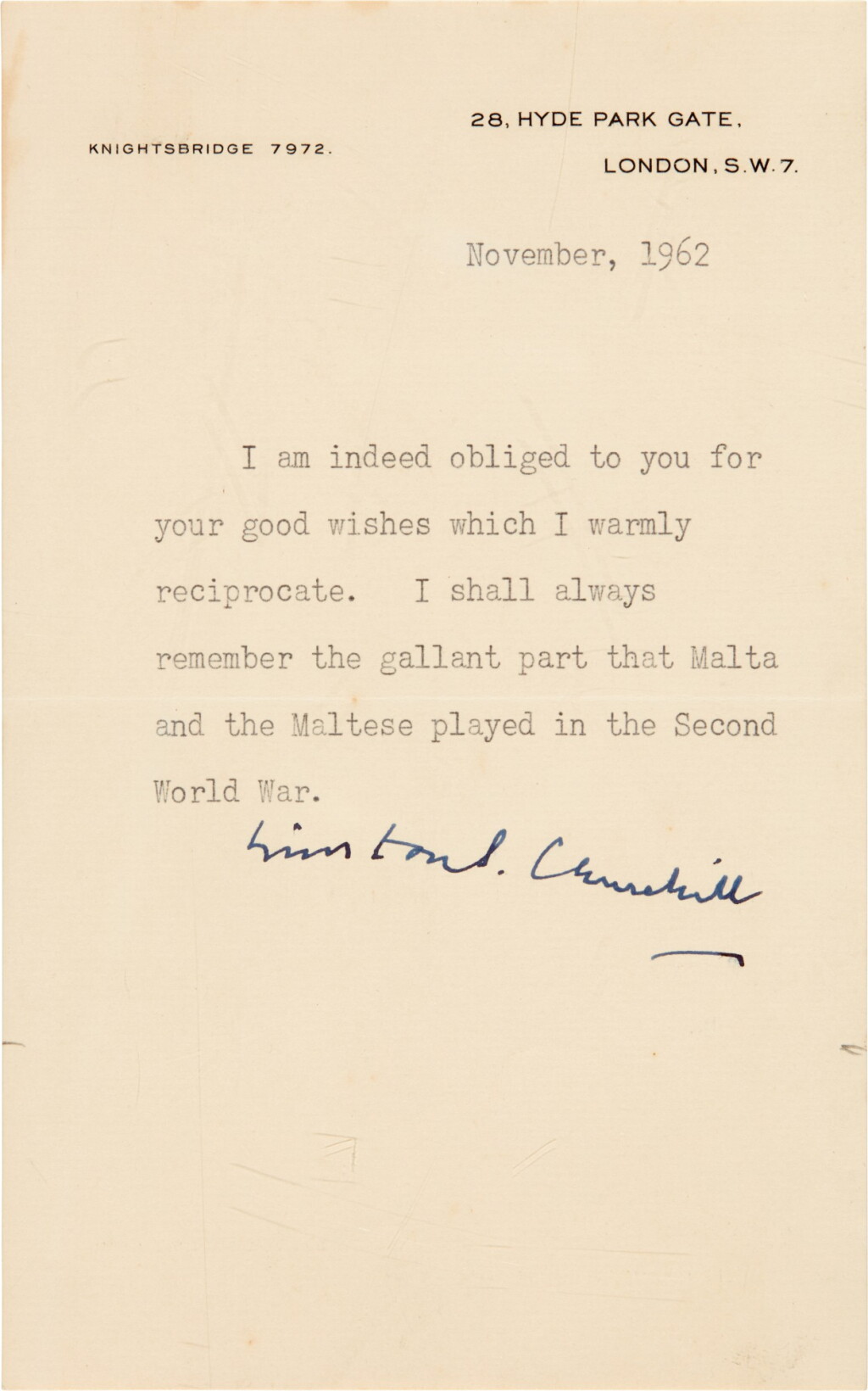View full screen - View 1 of Lot 17. Winston Churchill | typed letter signed, addressed to the people of Malta, November 1962.