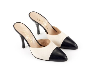 View full screen - View 1 of Lot 18. CHANEL | PAIR OF CANVAS AND LEATHER MULES .
