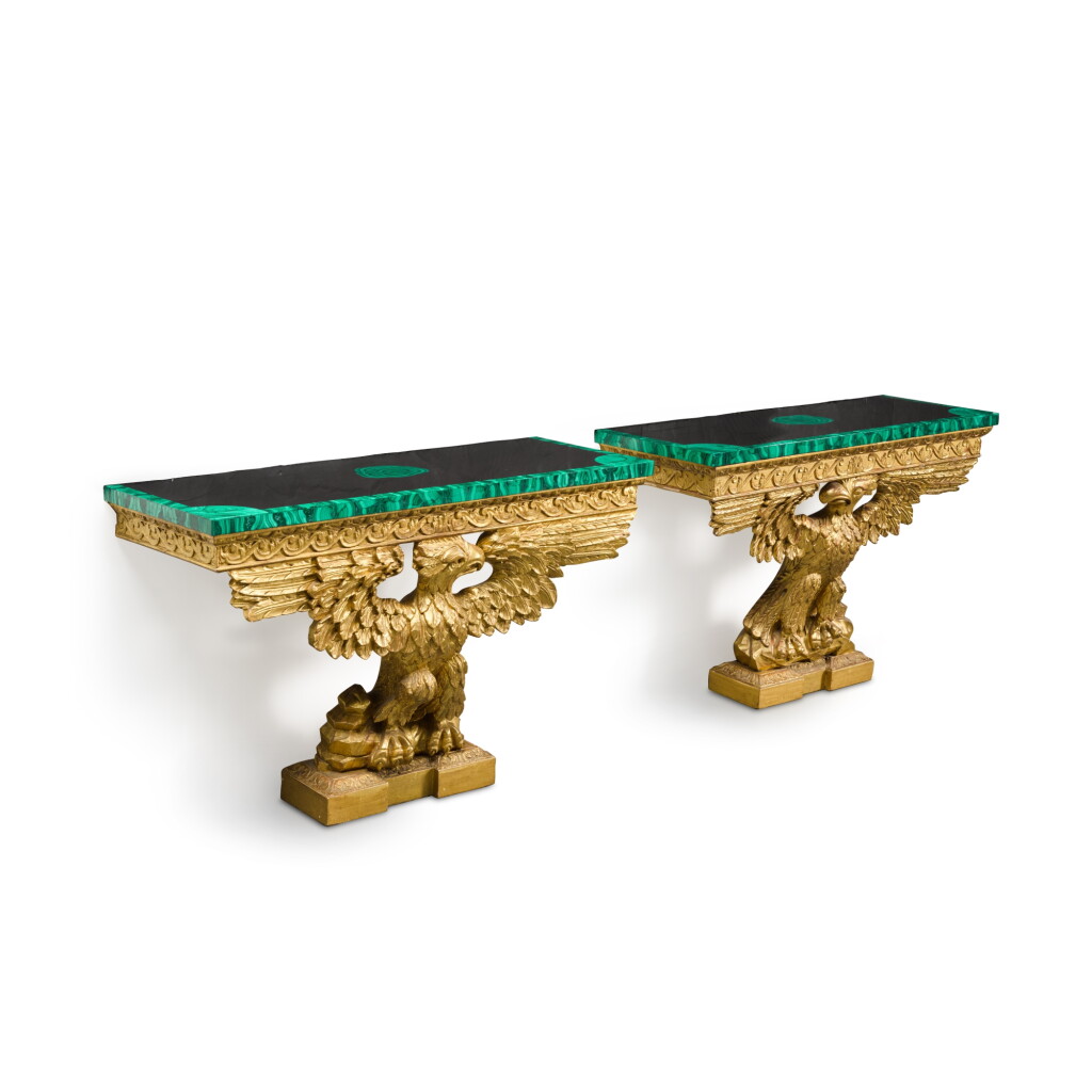 View full screen - View 1 of Lot 197. A pair of George II-style giltwood console tables, second half 20th century.