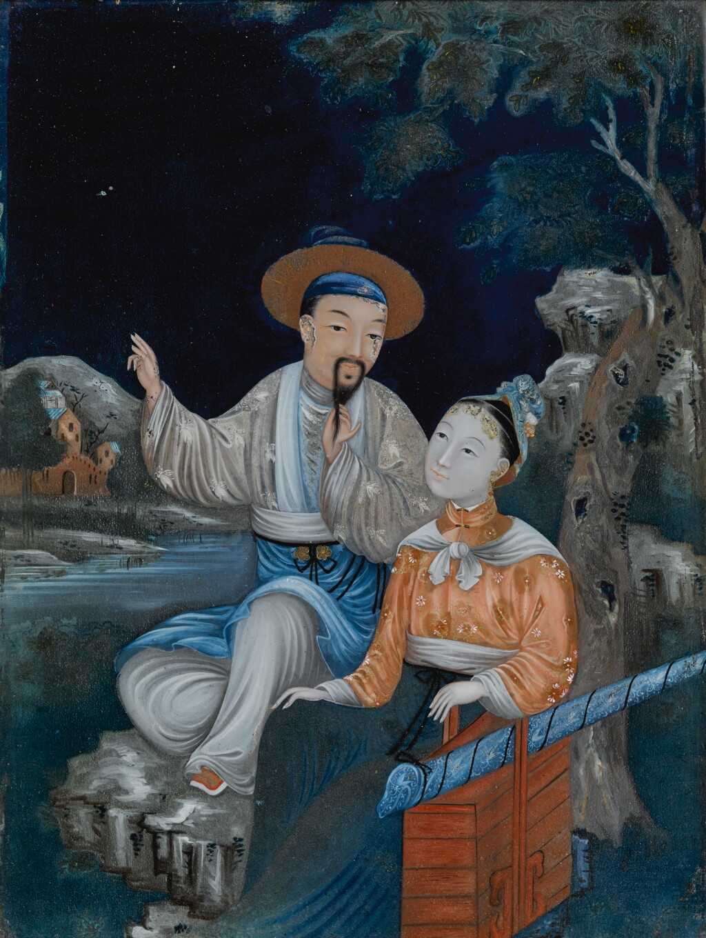 View full screen - View 1 of Lot 483. A Chinese Reverse Glass Painting of a Scholar and Lady, Qing Dynasty, 19th Century | 清十九世紀 鏡畫文人仕女圖 裝框.