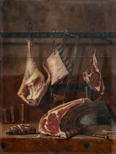 View full screen - View 1 of Lot 91. LOUIS FÉLIX BIGAUX | THE BUTCHER'S STALL | L’ÉTAL DU BOUCHER.