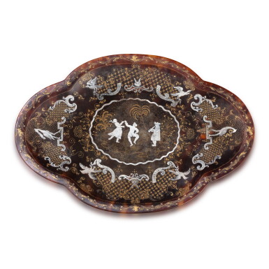 View full screen - View 1 of Lot 34. A small gold, mother-of-pearl and tortoiseshell piqué tray, Naples, circa 1735 | Petit plateau en écaille piquée d'or et nacre, Naples, vers 1735 .