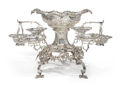 View full screen - View 1 of Lot 179. A George III Silver Seven-Basket Epergne, Emick Romer, London, 1766.