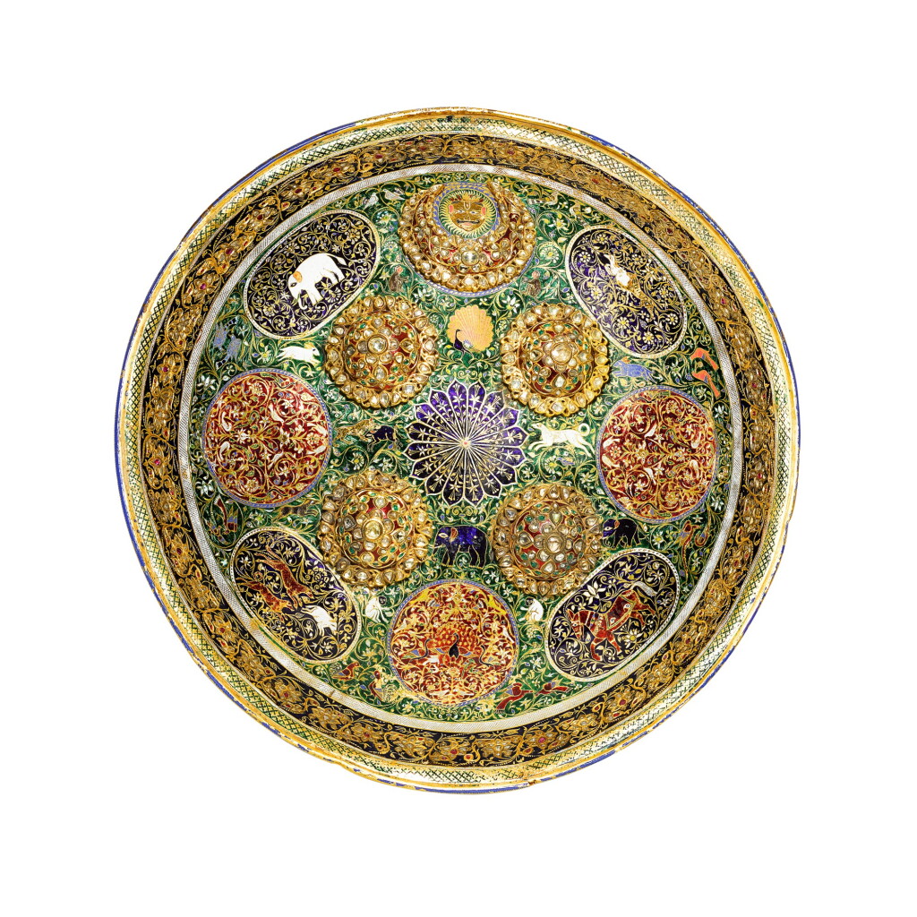 View full screen - View 1 of Lot 124. A gem-set and enamelled gold shield, India, Jaipur, 19th century.