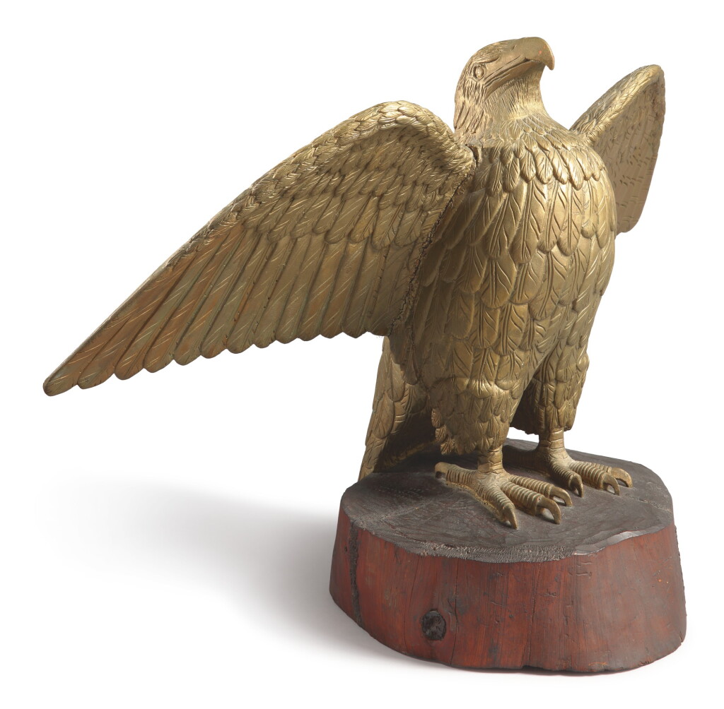 View full screen - View 1 of Lot 138. CARVED AND GILTWOOD EAGLE, IVAH SPINNEY, PORTSMOUTH, NEW HAMPSHIRE, CIRCA 1920.