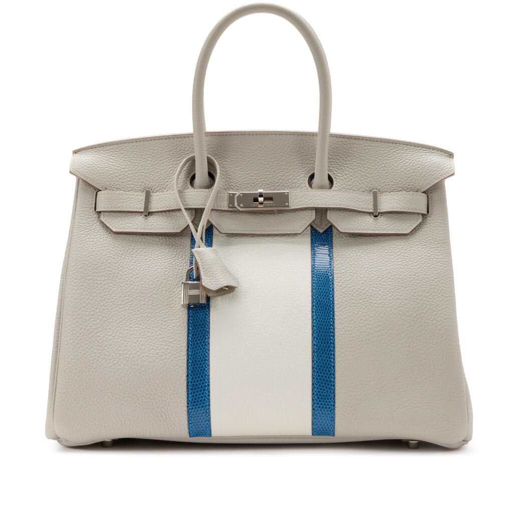 View full screen - View 1 of Lot 72. Gris Perle and White Clemence and Mykonos Lizard Club Birkin 35 Palladium Hardware, 2012.