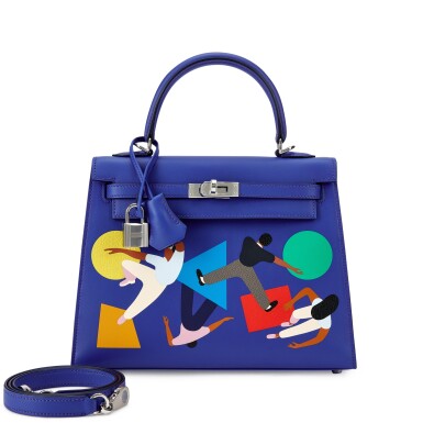 View full screen - View 1 of Lot 6005. Bleu Electrique and Multicolor Swift, Chèvre Mysore and Evercolor HSS Madison 706 Kelly 25 Sellier Palladium Hardware, 2022.