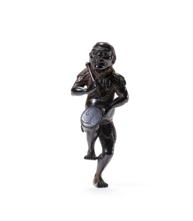 View full screen - View 1 of Lot 191. A carved wood study of a drummer, possibly Raiden, Japan, Edo period | 日本 江戶時代 木雕人物根付.