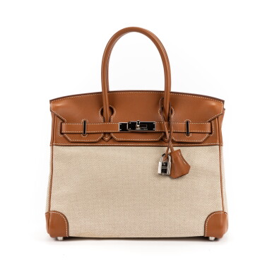 View full screen - View 1 of Lot 79. Fauve Barenia Leather and Toile Birkin 30 Palladium Hardware, 2007.