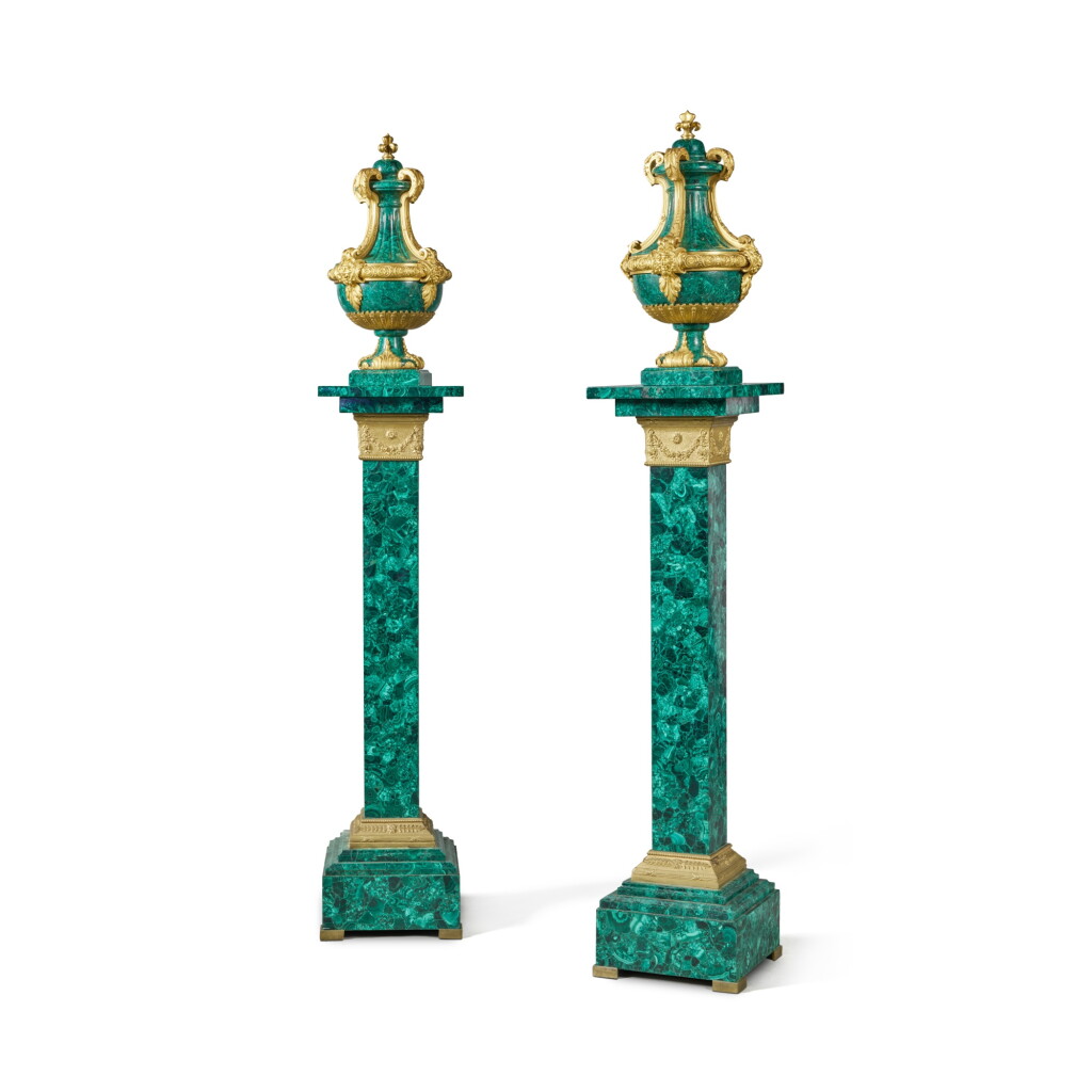 View full screen - View 1 of Lot 70. A Pair of French Gilt-Bronze Mounted Malachite Urns, Stamped F. Barbedienne Paris, Circa 1880 on later square Gilt-Bronze Mounted Malachite Pedestals.