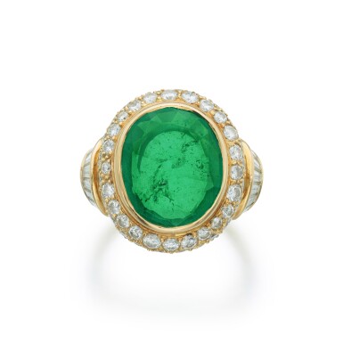 View full screen - View 1 of Lot 754. Emerald and Diamond Ring.