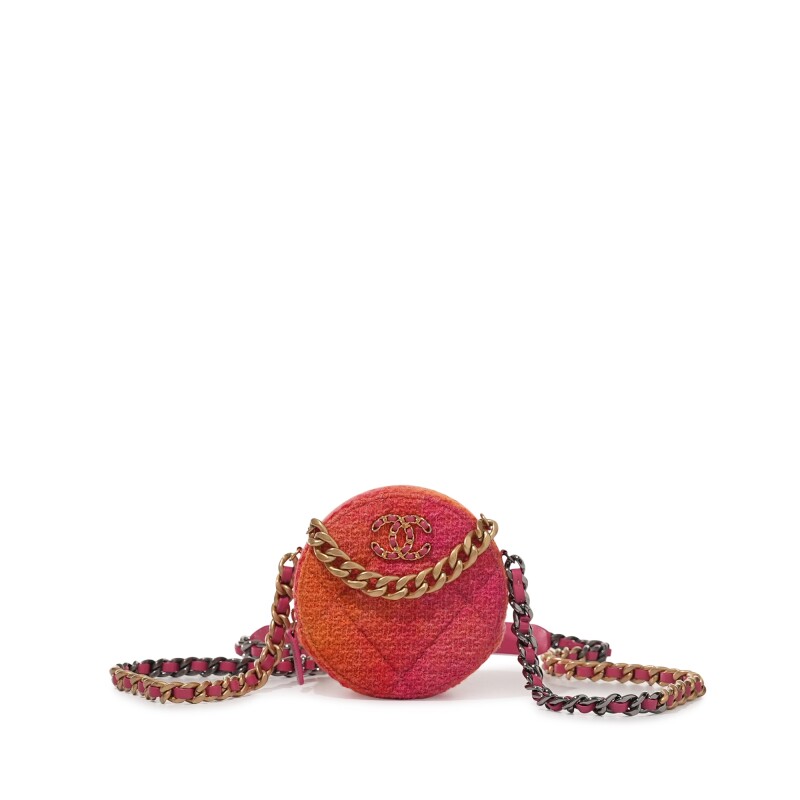 Pink and Orange Quilted Tweed Round Clutch with Chain Gold and Ruthenium Hardware, 2021