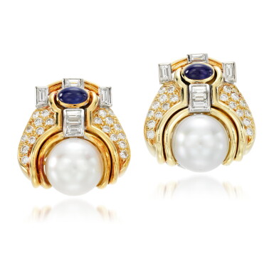 View full screen - View 1 of Lot 110. Pair of cultured pearl, sapphire and diamond ear clips.