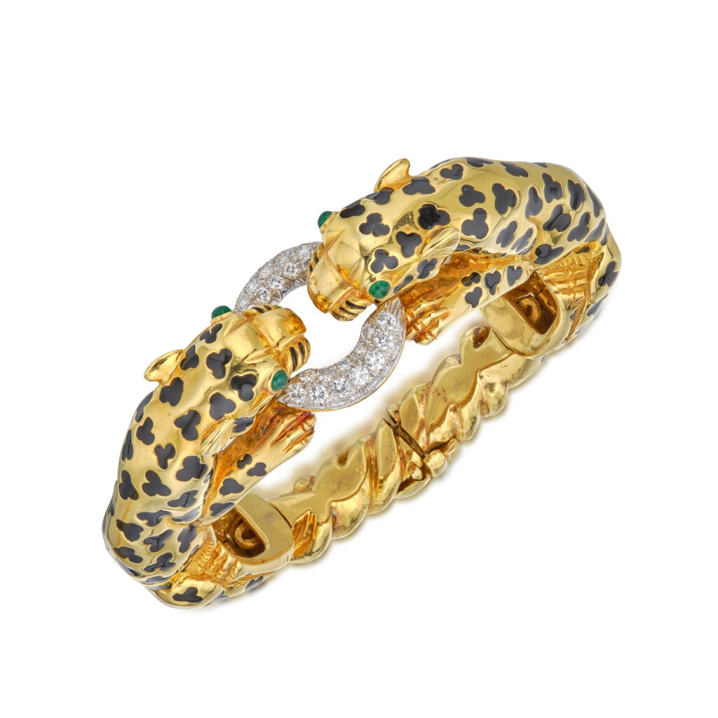 View full screen - View 1 of Lot 284. Gold, Enamel, Emerald and Diamond 'Leopard' Bracelet.