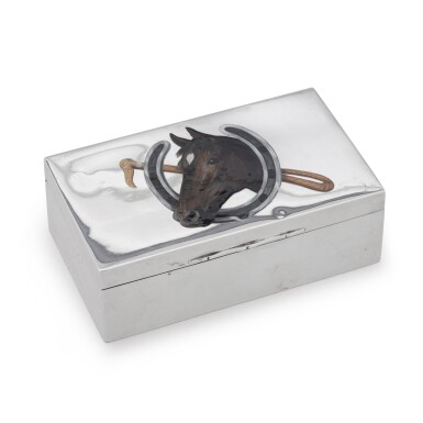 View full screen - View 1 of Lot 20. A silver horse racing cigarette box, maker's mark PFB & Co., Birmingham, 1922.