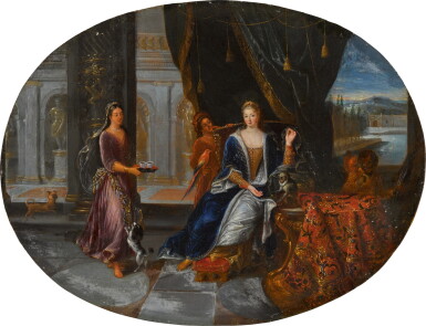 View full screen - View 1 of Lot 62. An exotic courtly scene with figures in a palace, a landscape with a lake beyond.